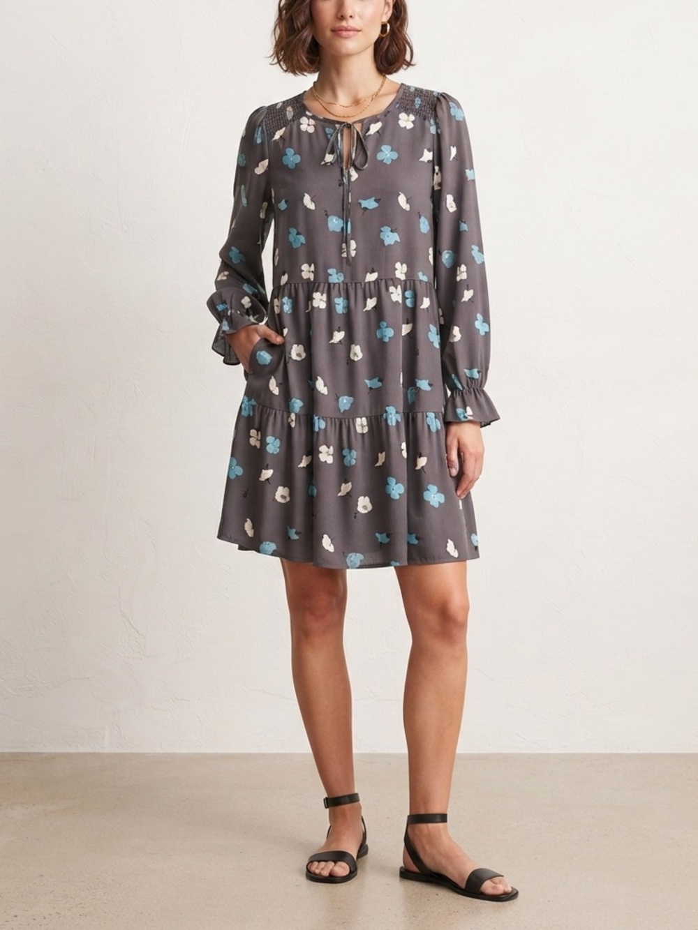 Brown Floral Long-Sleeve Babydoll Dress - Blue & Cream Flowers